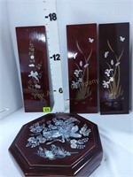 Abalone Inlaid Box &(3) Metal Inlaid Wall Hangings