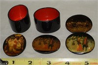 (4) Russian USSR Lacquer Painted Boxes/Pins