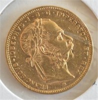 1877 Austrian 8 Florins/20 Franc Gold Coin