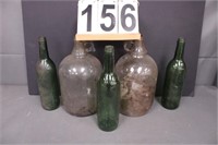 2 One Gallon Jugs ~ 3 Green Glass Bottles