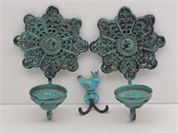(2) Painted Metal Flower Candle Sconces & Bird ...