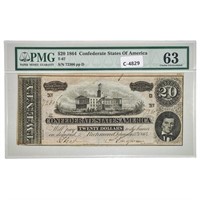 T-67 1864 $20 CSA CONFEDERATE PMG UNC-63