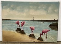 (RK) Artist Signed Flamingo Oil Painting on