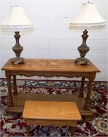 Sofa Table, (2) Lamps and Small Bench / Stool