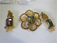 Multi Color Stone Pin and Earring Set