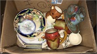 Group of China, fox mugs, Tole Ware dishes and