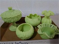 Green glass vases and covered dish some are