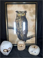 Signed Owl Painting & 3 Stone Owls
