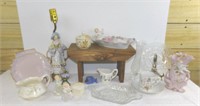 Box Lot Vintage Glassware with Fancy Lady Lamp