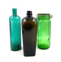 Colored Glass Bottles and Jar