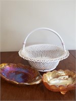 Carnival Glass and White Hand painted Basket