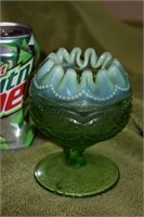 Irridescent Green Ruffled Art Glass Bowl