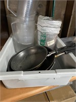 Bus tub with pitchers and fry pans