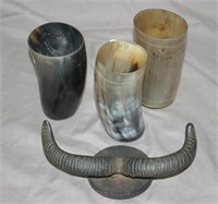 3 Horn Cups & Cast Rams Coat Hook