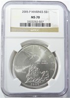 2005-P MARINES COMMEM DOLLAR NGC MS-70