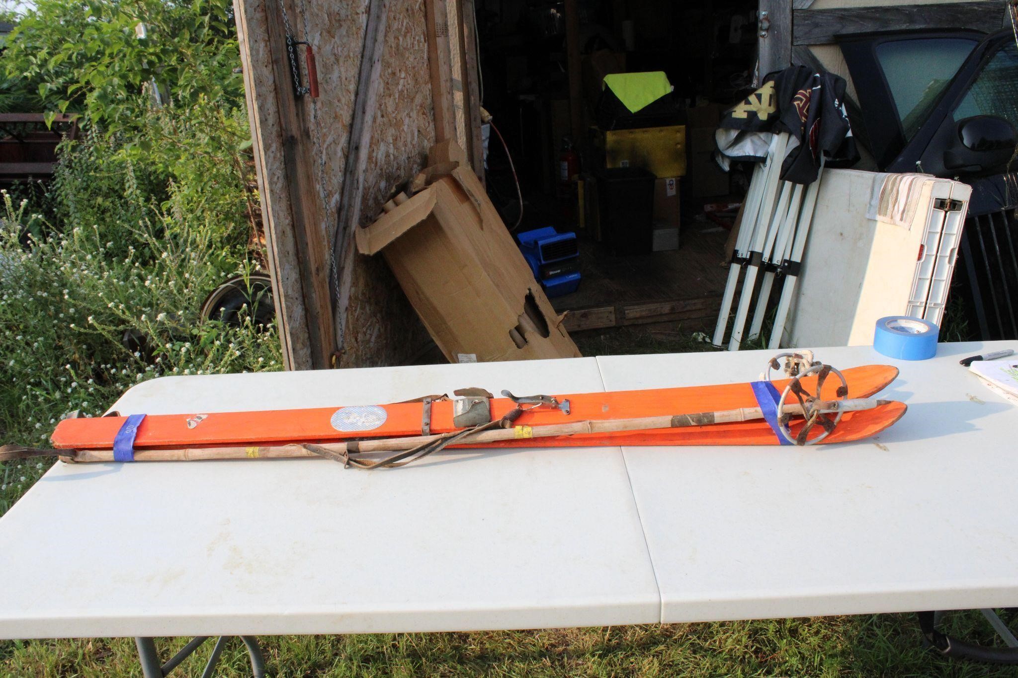 Vintage Kids Wood Skis w/Bamboo Poles