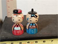 vtg Japanese wood Kokeshi doll S&P shakers