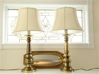 Set of Heavy Brass Lamps w Decorative Mirror
