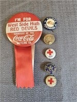 Vintage Pin Back Buttons Coca Cola, Red Cross etc