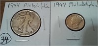 1944 ww2 Walking Liberty silver half dollar + dime