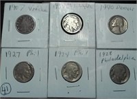 SIX old nickels 1907 to 1940
