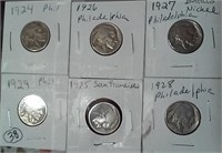 SIX different Buffalo Nickels all dated 1924-1929