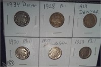 SIX different Buffalo Nickels all dated 1927-1934