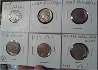 SIX different Buffalo Nickels all dated 1920-1936