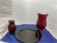 3 Pcs Ruby Red Glass - Platter & 2 Vases