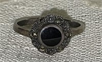 .925 Sterling Onyx Marcasite Ladies Ring, Size 6.5