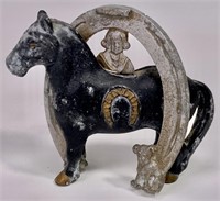 "Good Luck" bank, cast white metal, horse,