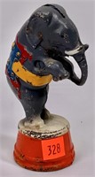 Cast iron circus elephant bank, (paint worn, newer