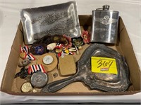 FLAT W/ SILVERPLATE HAND MIRROR, MILITARY MEDALS,
