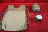 Canteen, Canvas Ammo Bags, Green Enamelware Cup