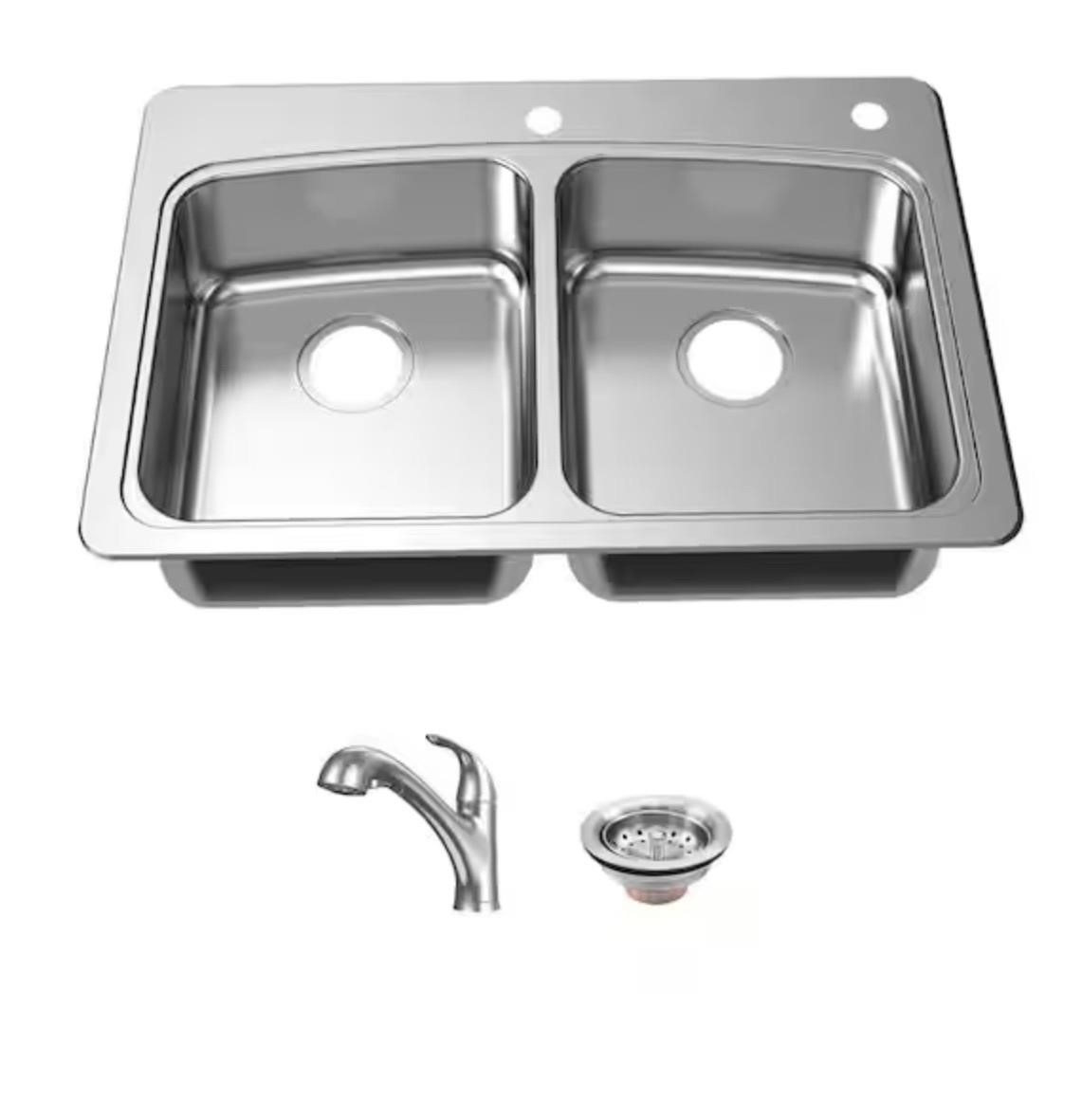 33 in. Double Bowl 20 Gauge Stainless Steel Sink