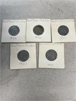 Buffalo nickels 1926, 1927, 1928, 1936, 1937