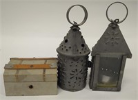 Lot of 2 Old Pierced Metal Lanterns & Trinket Box