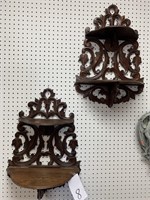 PAIR OF CARVED WOOD DOUBLE WALL SHELVES-17X25X8"
