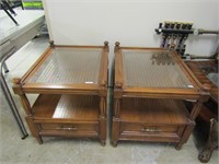 PAIR: WOOD & GLASS TOP END TABLES