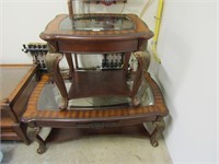 2 PC WOOD & GLASS TOP COFFEE & END TABLE