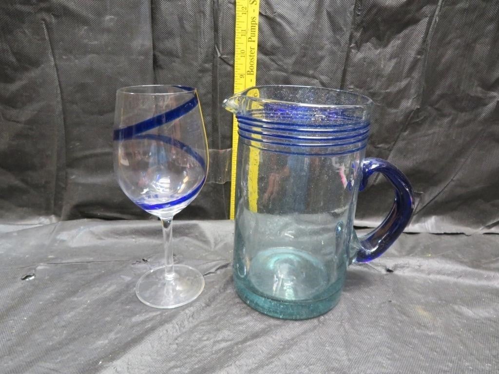 Vintage Blown Glass Pitcher with 1 Glass