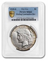 1935s Peace $1 Ms62 Pcgs Peeling Lamination Error