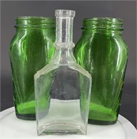2 Antique Green Jars & Antique Cork Top Bottle