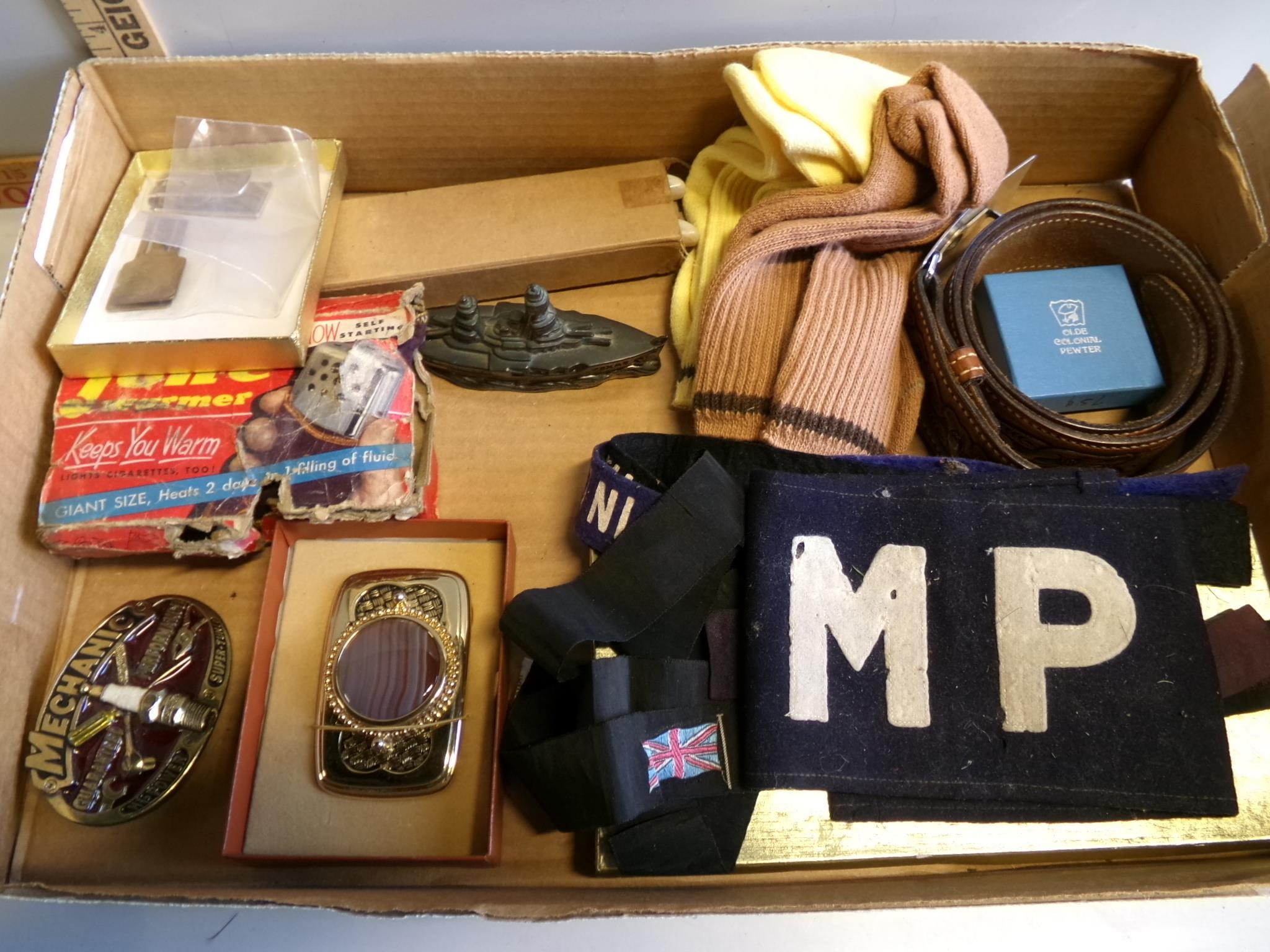 2 belt buckles, MP arm band, belt and other items