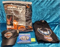11 - HARLEY-DAVIDSON THROW BLANKET, HAT, SHIRT