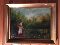 22"X17" Oikl On Canvas Painting Lady at a Pond OLD