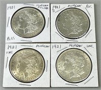 Four 1921 Morgan Silver Dollars (BU & UNC).