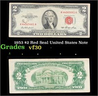 1953 $2 Red Seal United States Note Grades vf++