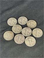 Lot of 9 Walking Liberty Half Dollars 1935-1942