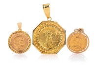 THREE GOLD COINS MOUNTED IN GOLD PENDANTS, 30g